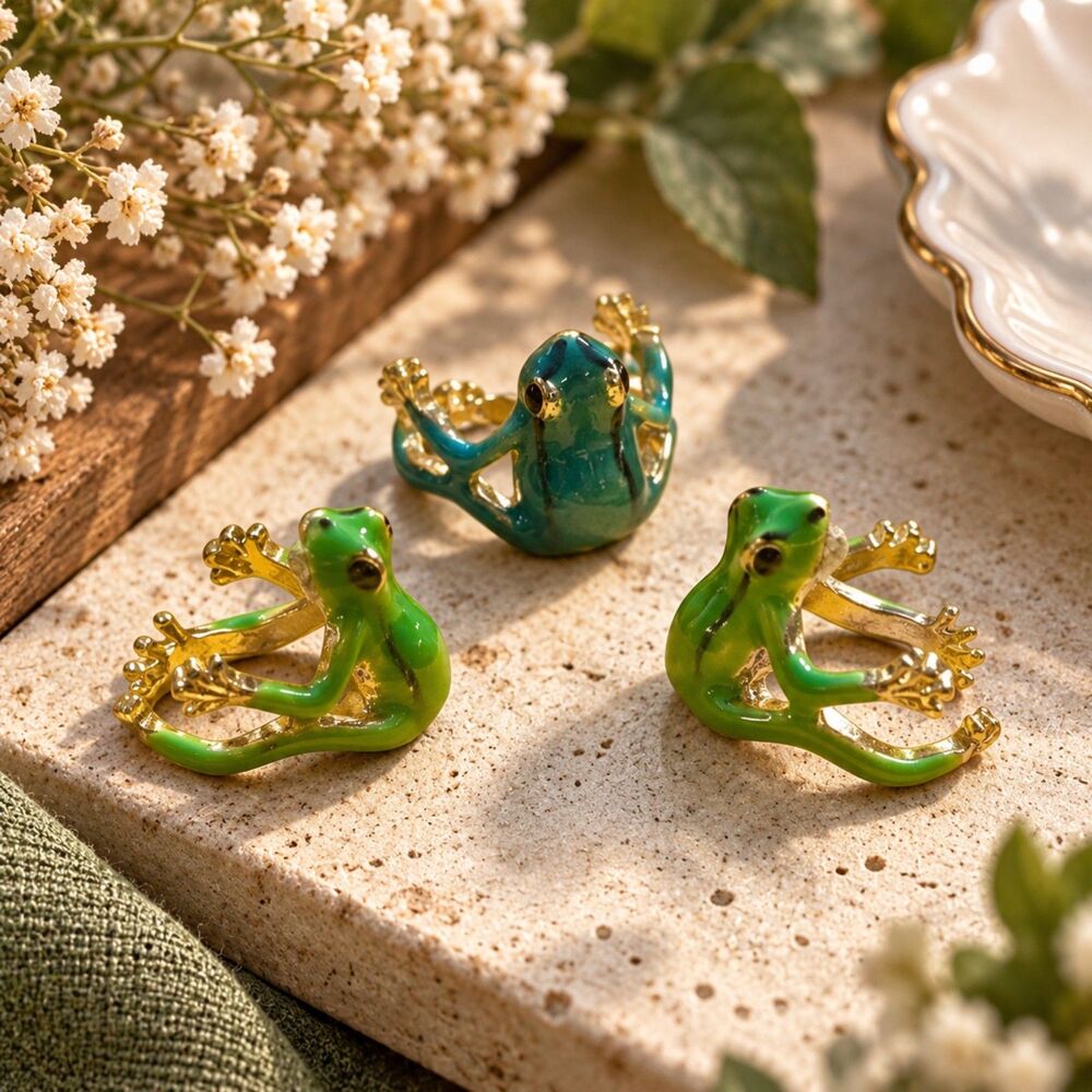Set of 3 Green Frog Rings Gold Tone Enamel Animal Whimsical Cottagecore Jewelry
